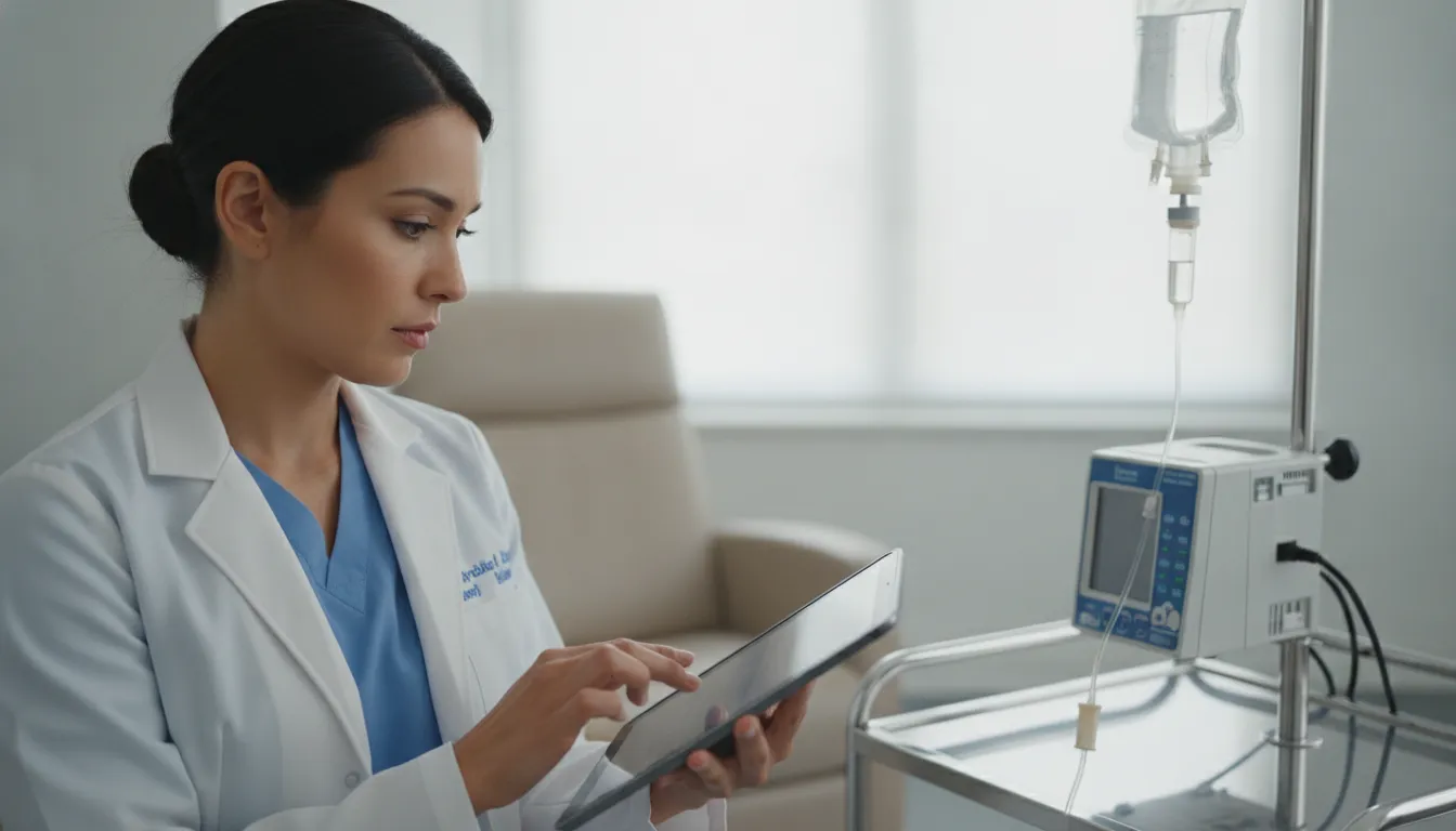 iv-therapy-safety-what-to-know-before-an-infusion-259659 Clinician reviewing a patient's chart before IV therapy