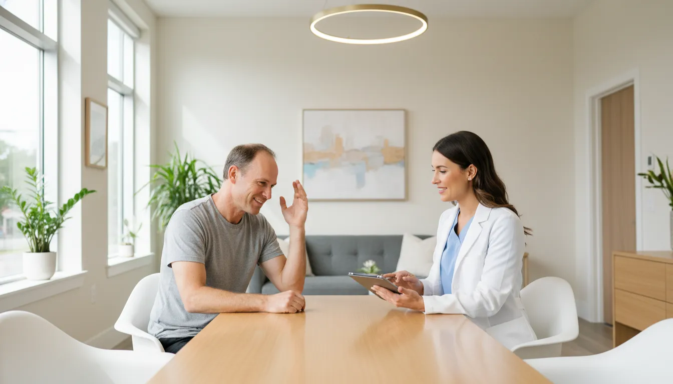 prp-hair-restoration-vs-minoxidil-what-to-discuss-242362 Patient discussing hair restoration options with a clinician