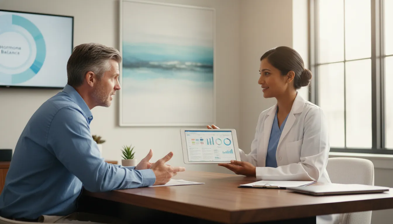 trt-and-prostate-health-psa-questions-to-ask-169003 Man discussing TRT and prostate health monitoring with a clinician
